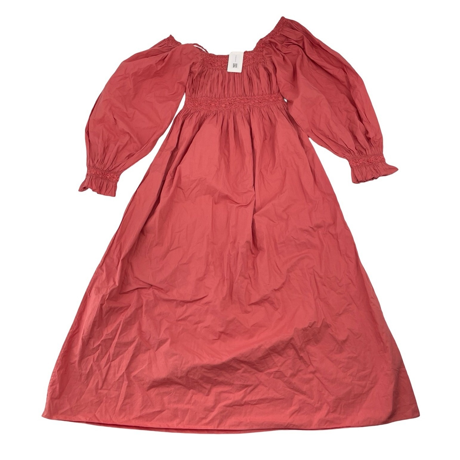 Doen Women Dress Midi Smocked Puff Sleeve Pink Organic Cotton Medium